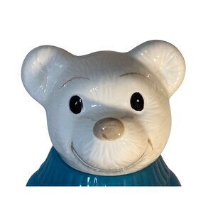Welcome Cookie Jar  Ceramic White Teddy Bear Blue Sweater Cookie Taiwan VTG